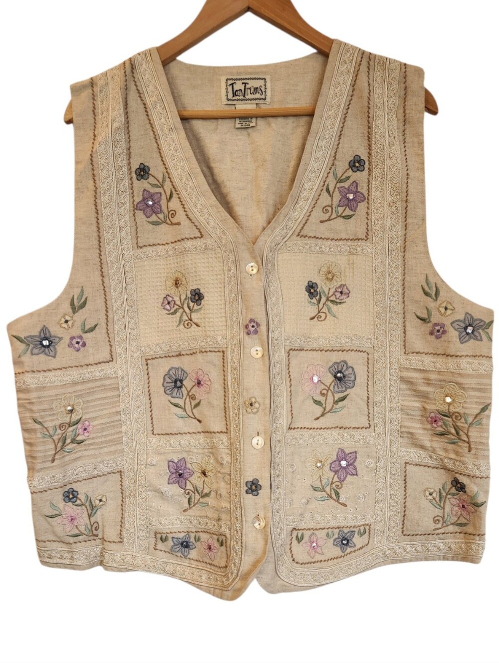 Vintage 90's TanTrums Embroidered Linen Blend Patchwork Vest Size 1X Cottagecore